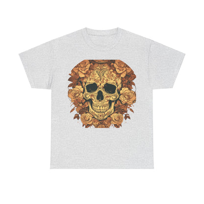 Skulls and Roses Cotton Tee, Unisex Graphic Shirt in soft grey fabric, featuring an intricately designed skull and rose print.