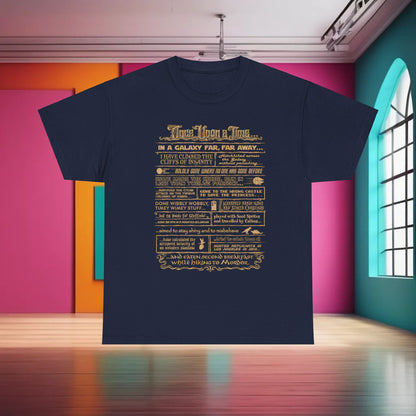 Once Upon a Time Graphic T-Shirt - Vintage Unisex Cotton Tee in navy featuring a galactic adventures print filled with nostalgic references and artistic elements.