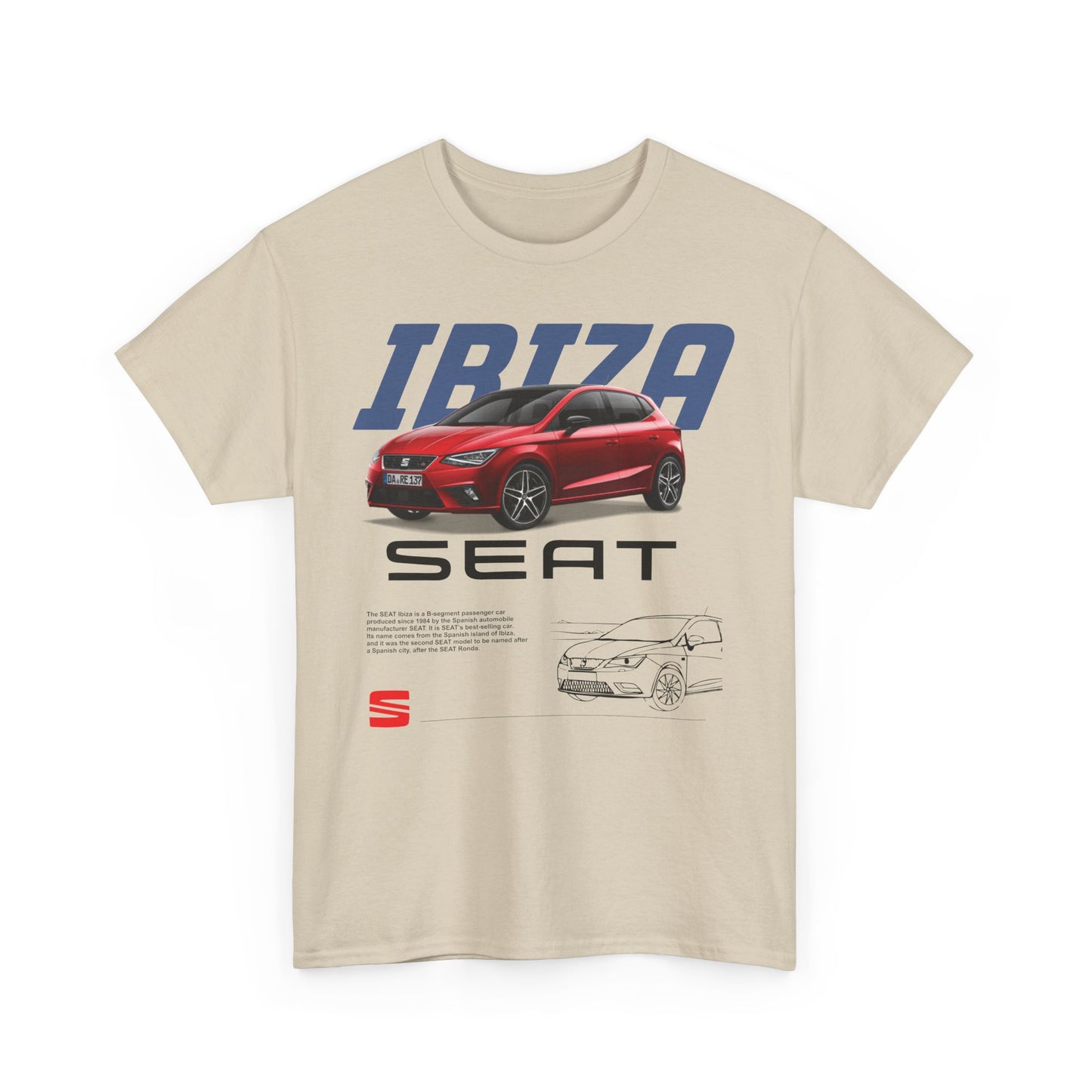Refined beige t-shirt showcasing detailed SEAT Ibiza graphic, a must-have for car lovers with a taste for sophistication.