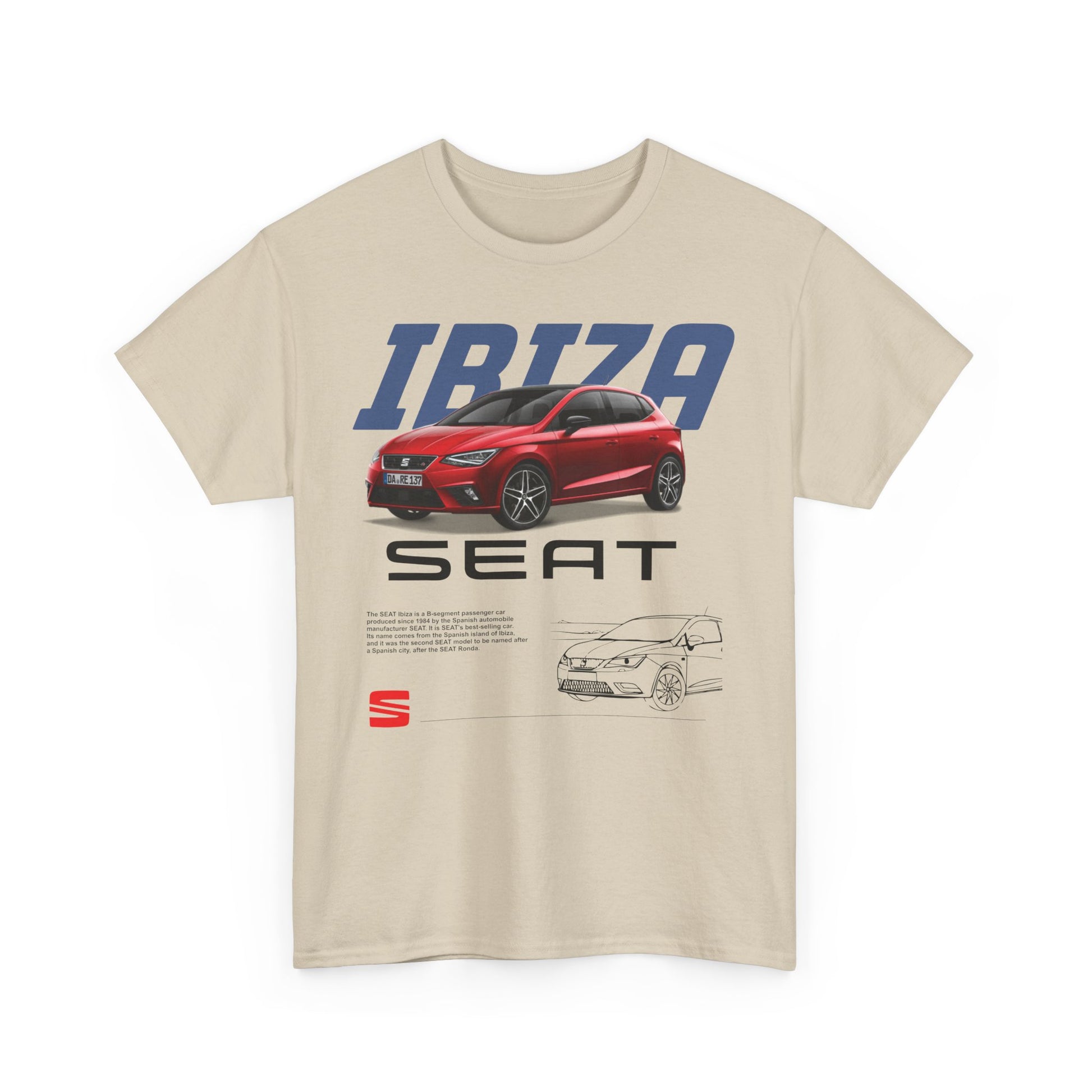 Refined beige t-shirt showcasing detailed SEAT Ibiza graphic, a must-have for car lovers with a taste for sophistication.