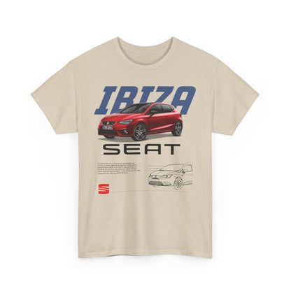 Refined beige t-shirt showcasing detailed SEAT Ibiza graphic, a must-have for car lovers with a taste for sophistication.