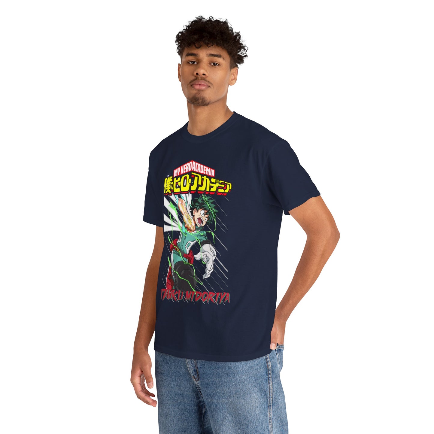 Elegant Izuku Midoriya T-shirt featuring a dynamic illustration from My Hero Academia, exuding heroic energy and bold design, perfect for anime enthusiasts in luxurious comfort.