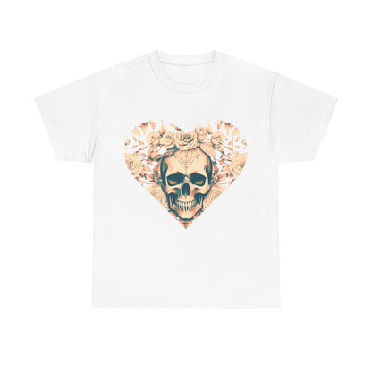 Skulls and Roses Cotton Tee, Unisex Graphic Shirt featuring a striking heart design with skull and rose motifs, ideal for fashion enthusiasts.