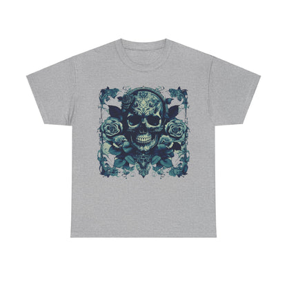Elegant Skulls and Roses Cotton Tee displayed on a plain background, illustrating intricate skull and rose graphics, tailored for a unique style.