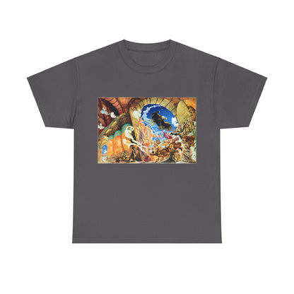 Discworld Small Gods Graphic Unisex T-Shirt in grey, showcasing exquisite detailed graphics inspired by Terry Pratchett's Discworld, ideal for stylish literary enthusiasts.