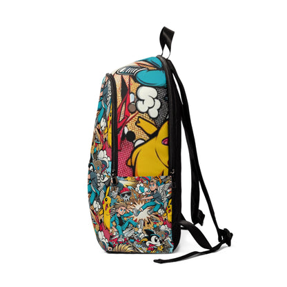 Vibrant Pop Art Fusion Backpack by Dazzling Dreams Studio displayed in an outdoor setting, illustrating its versatility as a stylish accessory for casual outings and fashionable gatherings.