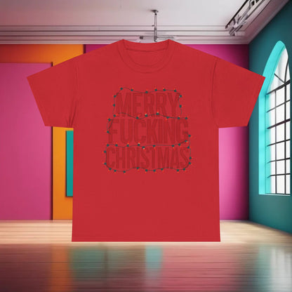 Merry Christmas Graphic T-Shirt Urban Unisex Cotton Tee in vibrant red, highlighting a striking 'MERRY FUCKING CHRISTMAS' graphic with decorative Christmas lights.