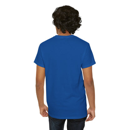 Back view of the unisex Visionary Drip Graphic Tee, highlighting its premium blue colour and artistic eye motif, suitable for standout casual wear.