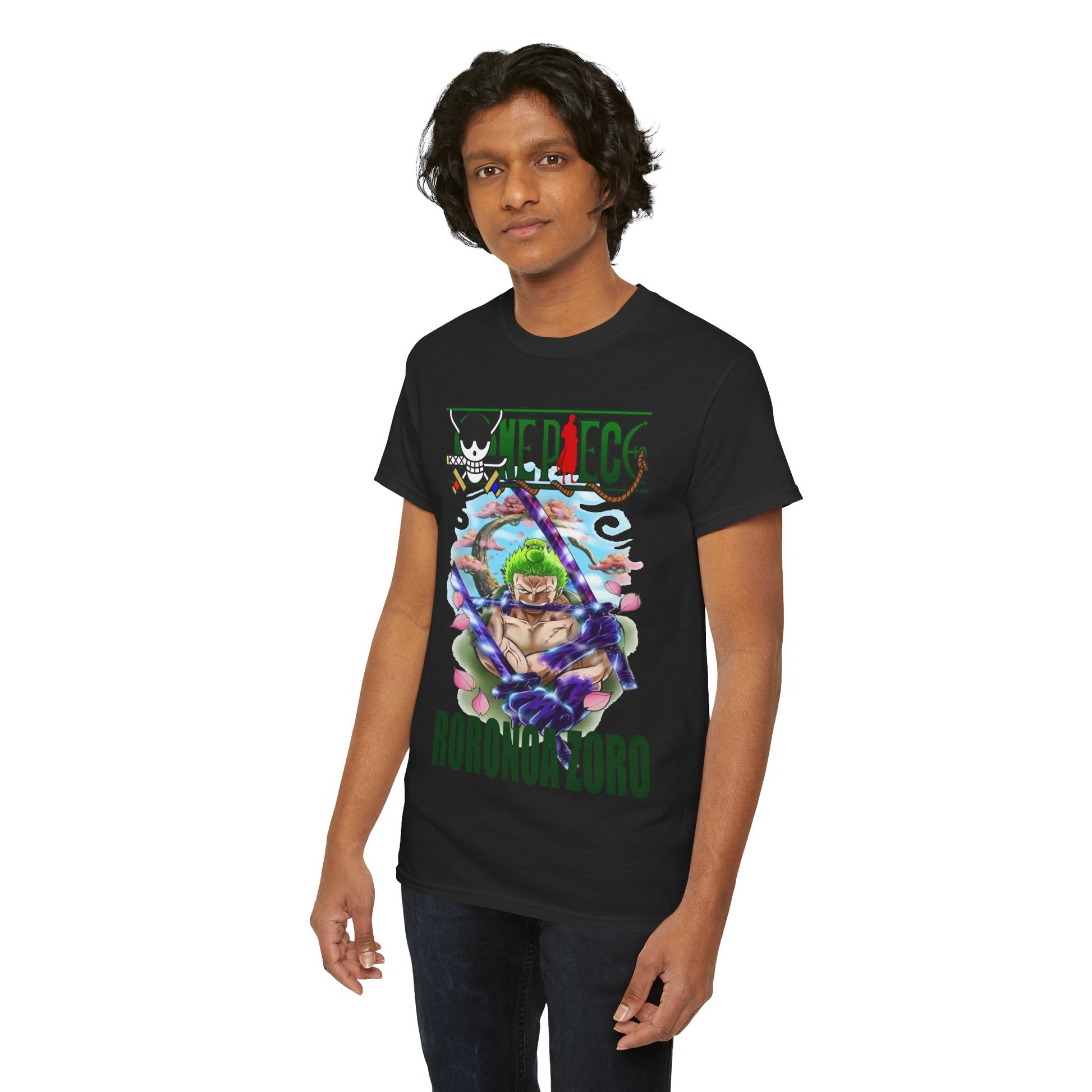 Elegant black Roronoa Zoro tee showcasing vibrant colours and captivating artwork, ideal for expressing personal style in a fashionable way.