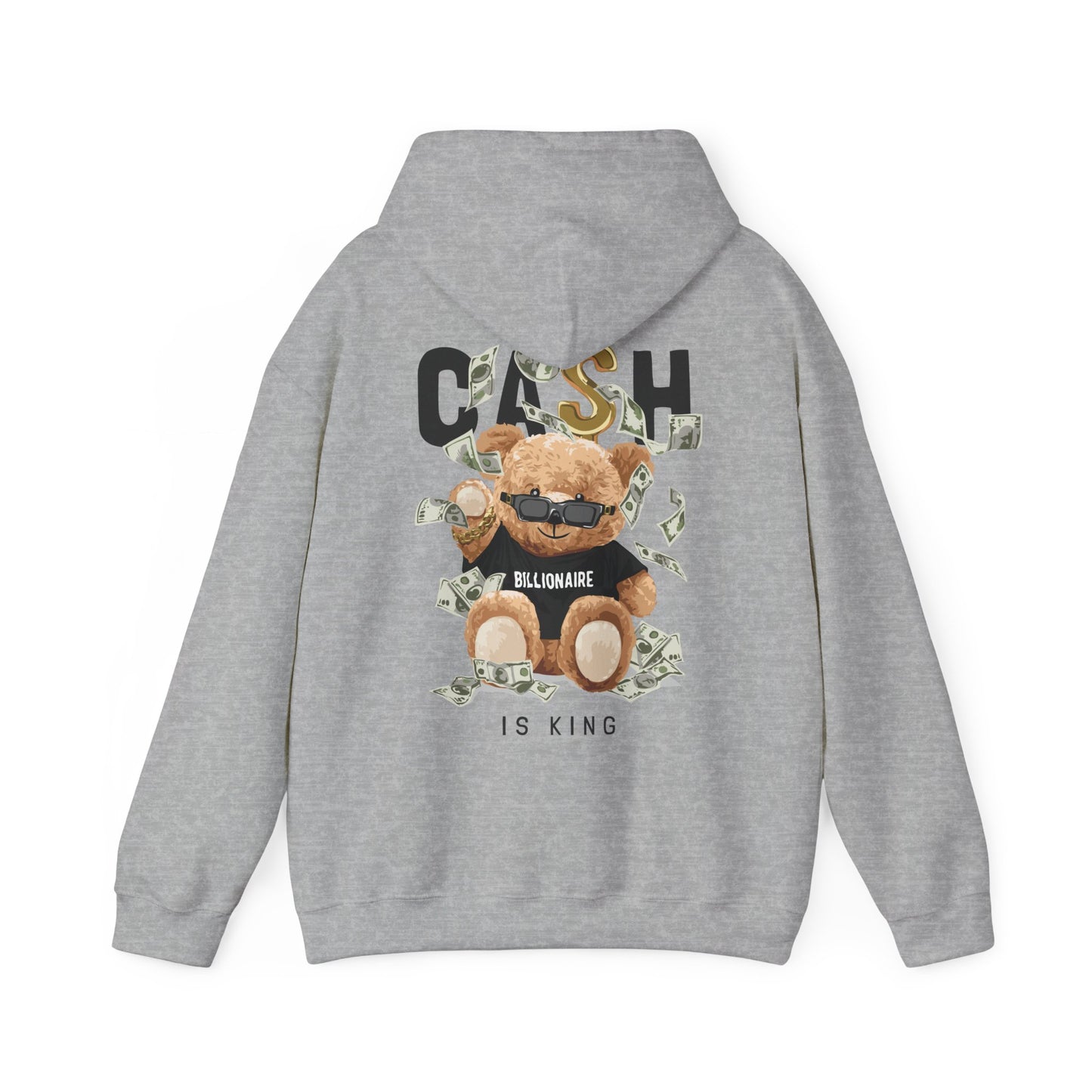 Stylish grey hoodie with a charming teddy bear donning sunglasses, surrounded by scattered dollar bills, prominently displaying 'CASH IS KING' and 'BILLIONAIRE' graphic.