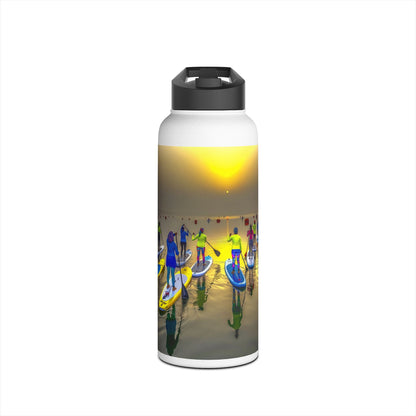 Luxury Fantasy Paddleboarding Stainless Steel Water Bottle featuring vibrant paddleboarders against a stunning sunset backdrop, showcasing elegance and durability.