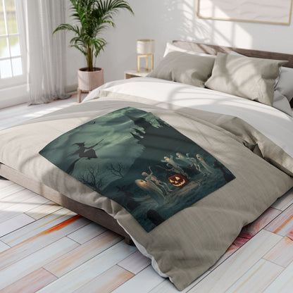 Luxurious Decorative and Warm Halloween Spooky Arctic Fleece Blanket elegantly placed on a beautifully styled bed, featuring a stunning Halloween scene adorned with playful skeletons and a witch, ideal for seasonal comfort.