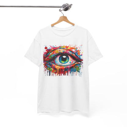 White Luxe T-Shirt elegantly displayed on a hanger, presenting a colourful eye illustration, a blend of high fashion and artistic expression.