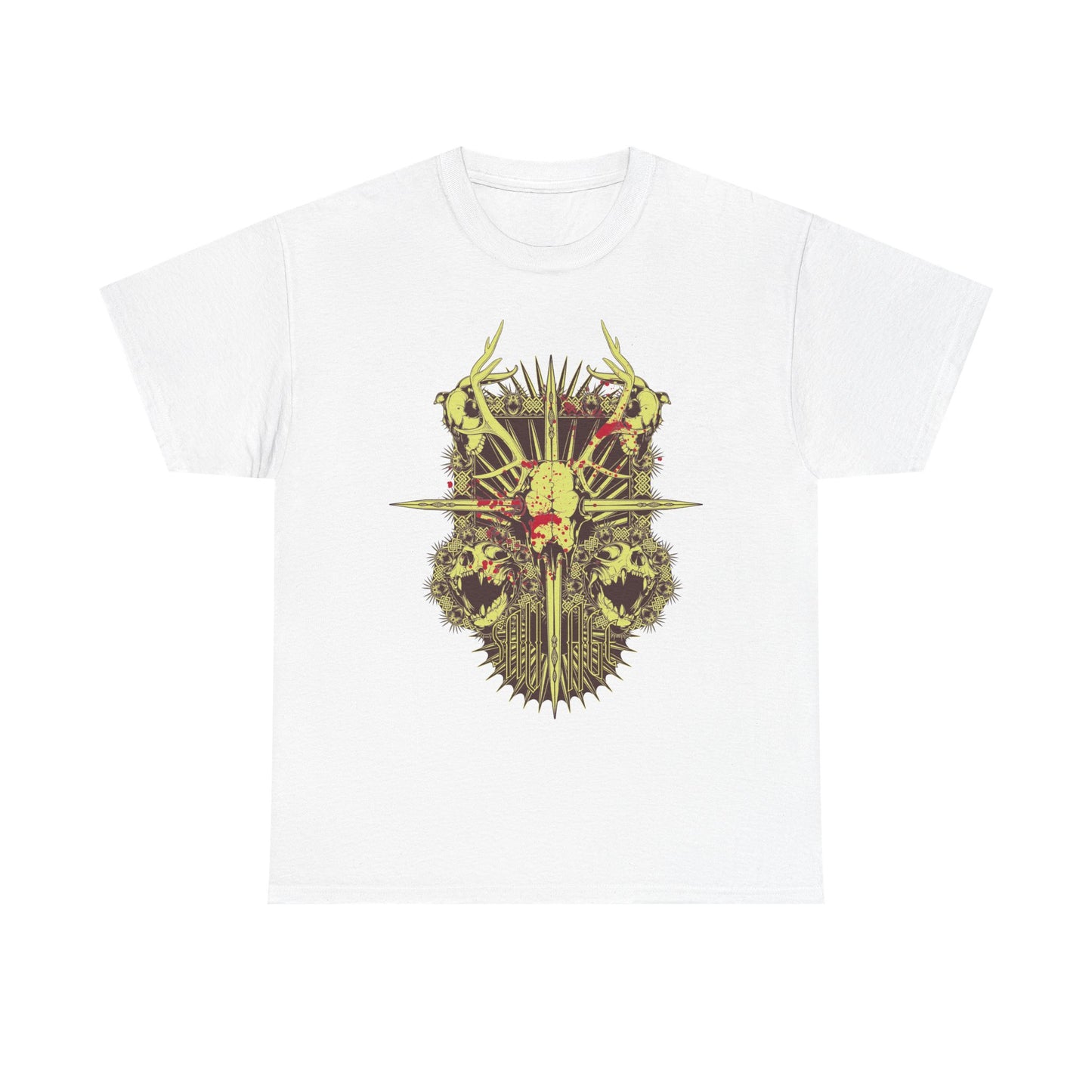 Premium men's artistic t-shirt featuring an intricate design of a skull with antlers and additional skull motifs, set against a white backdrop, embodying a blend of elegance and edgy style.