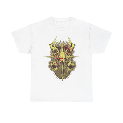 Premium men's artistic t-shirt featuring an intricate design of a skull with antlers and additional skull motifs, set against a white backdrop, embodying a blend of elegance and edgy style.