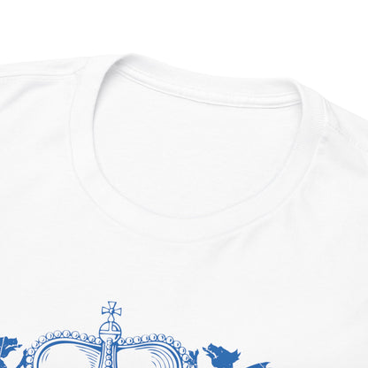 Close-up of the neckline on the luxurious white t-shirt featuring gothic baroque design elements.