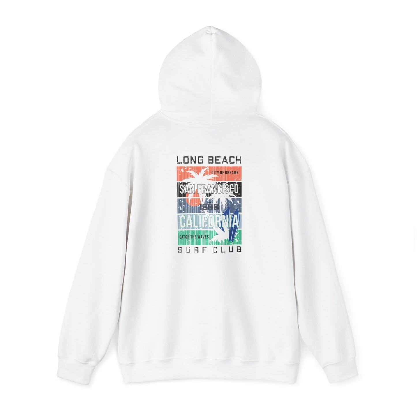 Urban Vibes Back Print Hoodie featuring a vibrant San Francisco surf design with palm trees, in luxurious white fabric, perfect for casual coastal aesthetics.