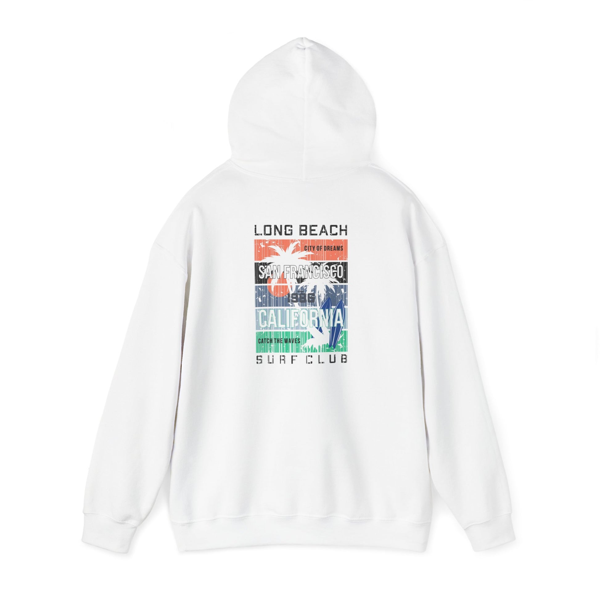 Urban Vibes Back Print Hoodie featuring a vibrant San Francisco surf design with palm trees, in luxurious white fabric, perfect for casual coastal aesthetics.