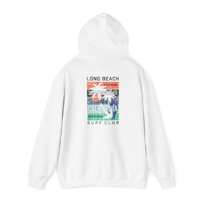 Urban Vibes Back Print Hoodie featuring a vibrant San Francisco surf design with palm trees, in luxurious white fabric, perfect for casual coastal aesthetics.