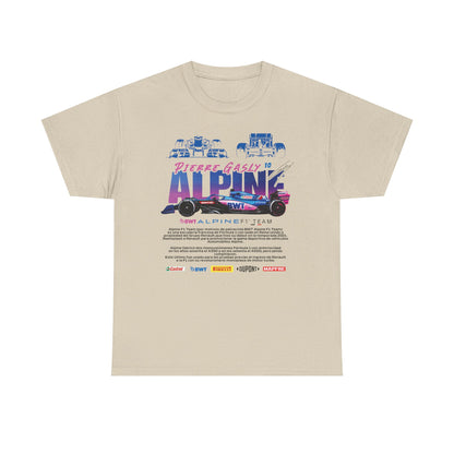 Alpine F1 Team Men’s T-Shirt in a soft beige hue featuring bold graphics inspired by Pierre Gasly and the iconic BWT Alpine F1 Team logo, capturing the essence of racing elegance.