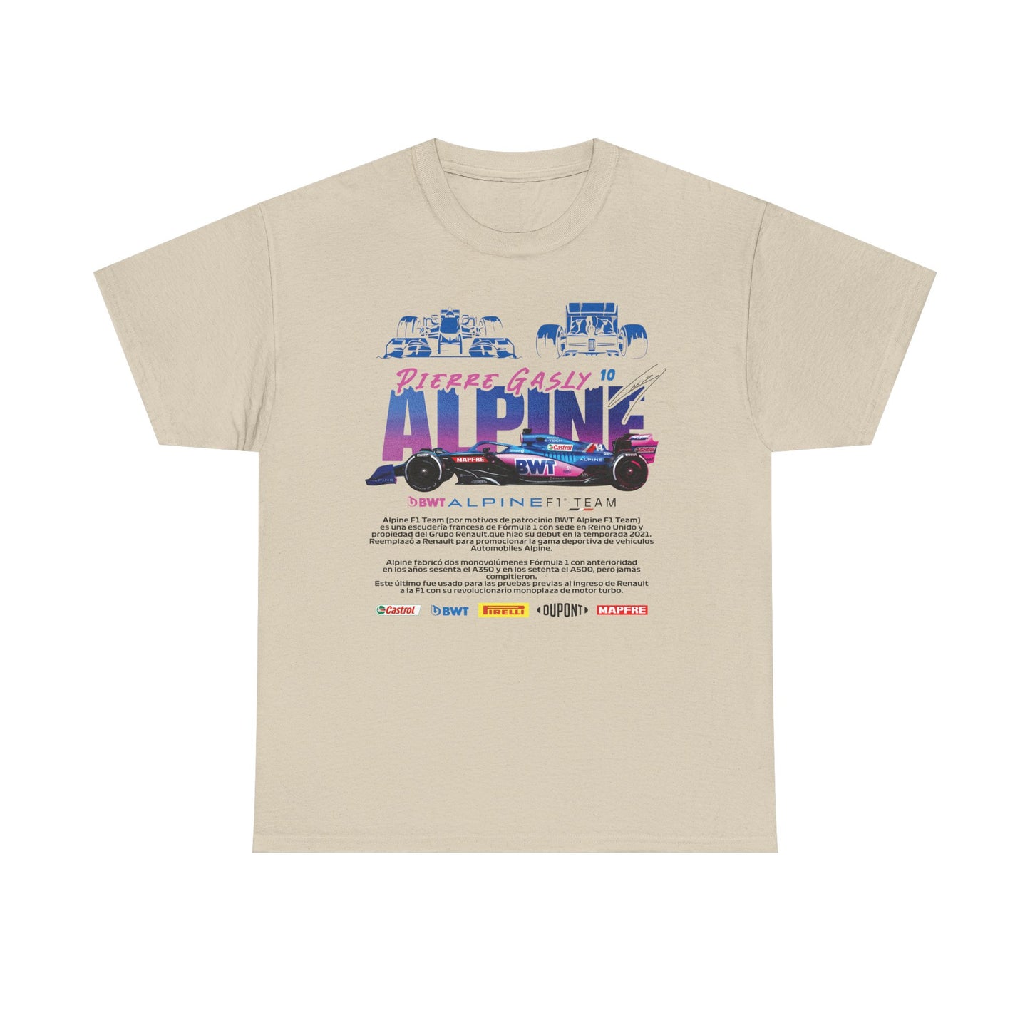 Alpine F1 Team Men's T-Shirt in beige with dynamic racing graphics and Pierre Gasly's name, a luxurious choice for F1 aficionados.