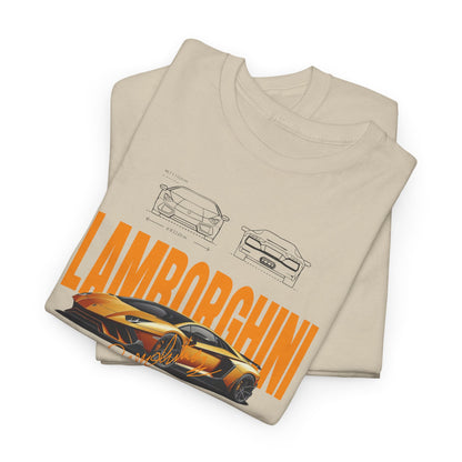 Neatly folded beige Lamborghini Aventador graphic t-shirts, designed with iconic sketches and sophisticated typography highlighting automotive elegance.