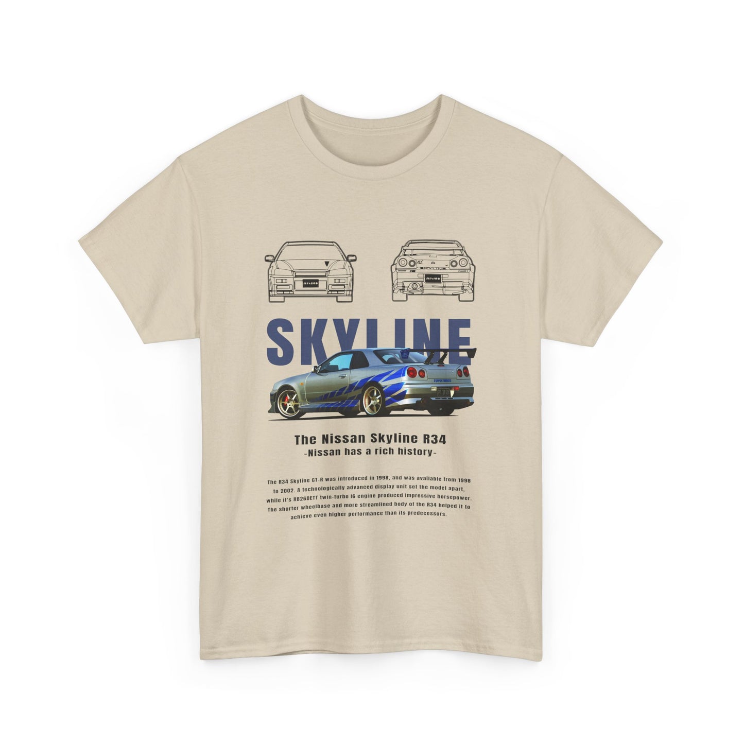 Front view of a premium beige men's t-shirt featuring vibrant illustrations of the iconic Nissan Skyline R34, celebrating automotive excellence.