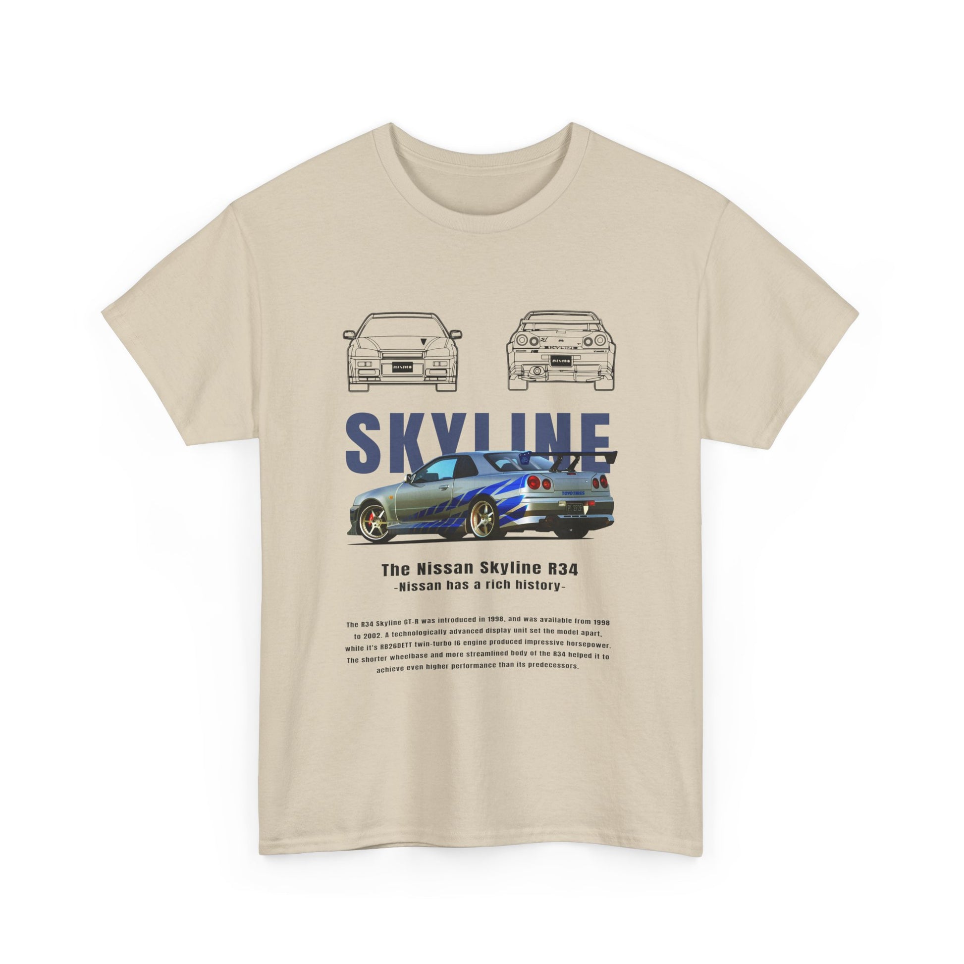 Front view of a premium beige men's t-shirt featuring vibrant illustrations of the iconic Nissan Skyline R34, celebrating automotive excellence.