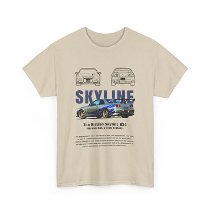Front view of a premium beige men's t-shirt featuring vibrant illustrations of the iconic Nissan Skyline R34, celebrating automotive excellence.