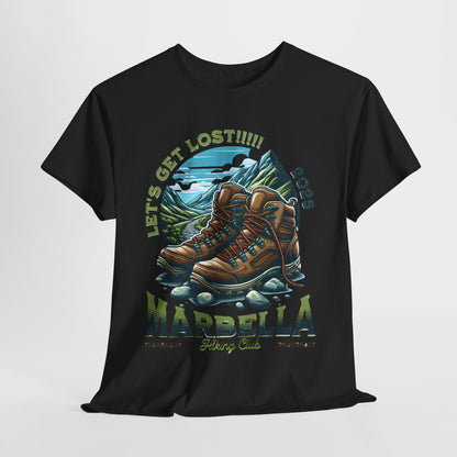 Elegant Marbella Hiking Club Unisex Graphic Tee presented in classic black, showcasing a vibrant graphic of hiking boots against a picturesque nature backdrop.