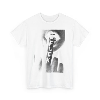 Stylish graphic t-shirt in a luxurious white cotton fabric featuring an eye-catching design of a hand signalling silence, perfect for a contemporary urban wardrobe.