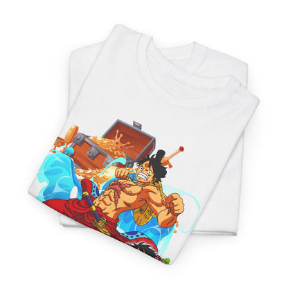 Artistic presentation of folded white T-shirts adorned with a lively anime design, perfect for showcasing individuality and fandom.