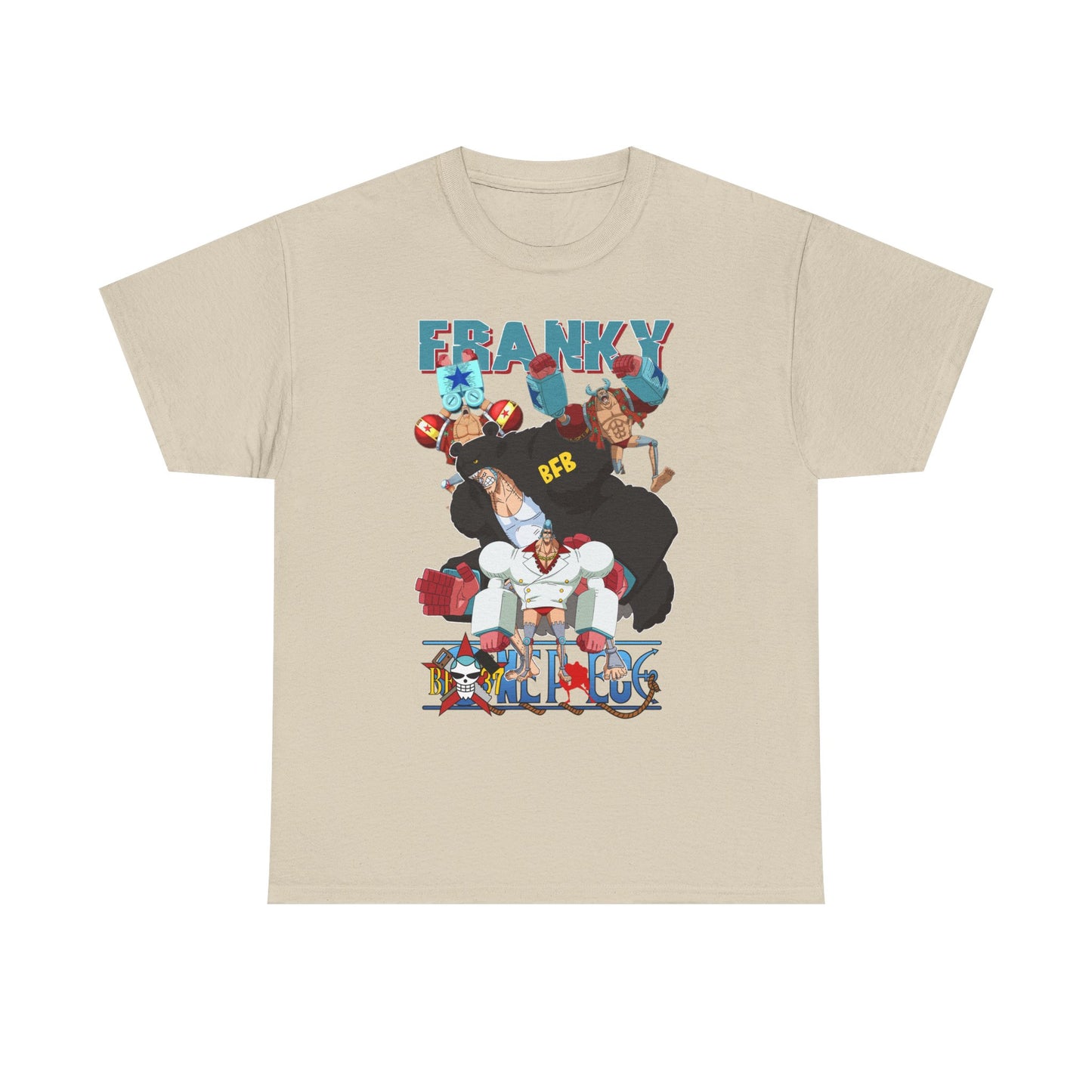 Luxury beige t-shirt featuring dynamic anime graphic art of Franky and other characters, designed for adventure enthusiasts.