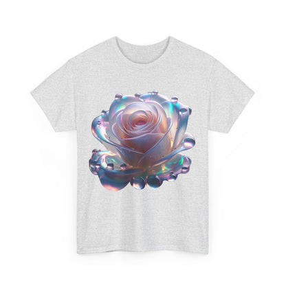 Front design of the Ethereal Rose Tee Unisex Cotton Graphic T-Shirt in grey, emphasizing the enchanting stylized rose artwork with a delicate shimmer.