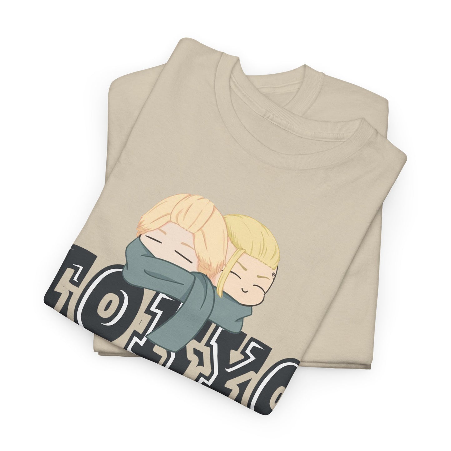 Luxury Tokyo Revengers anime graphic tee featuring charming anime-inspired characters with blonde hair, snug grey scarves, and bold typography on a cream background.
