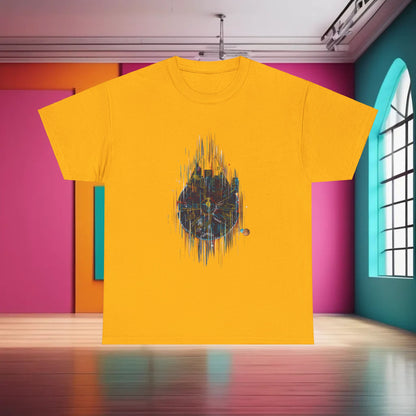 Millenium Falcon Abstract Art Graphic T-Shirt in bright orange, a striking piece that merges comfort with sophisticated artistry.