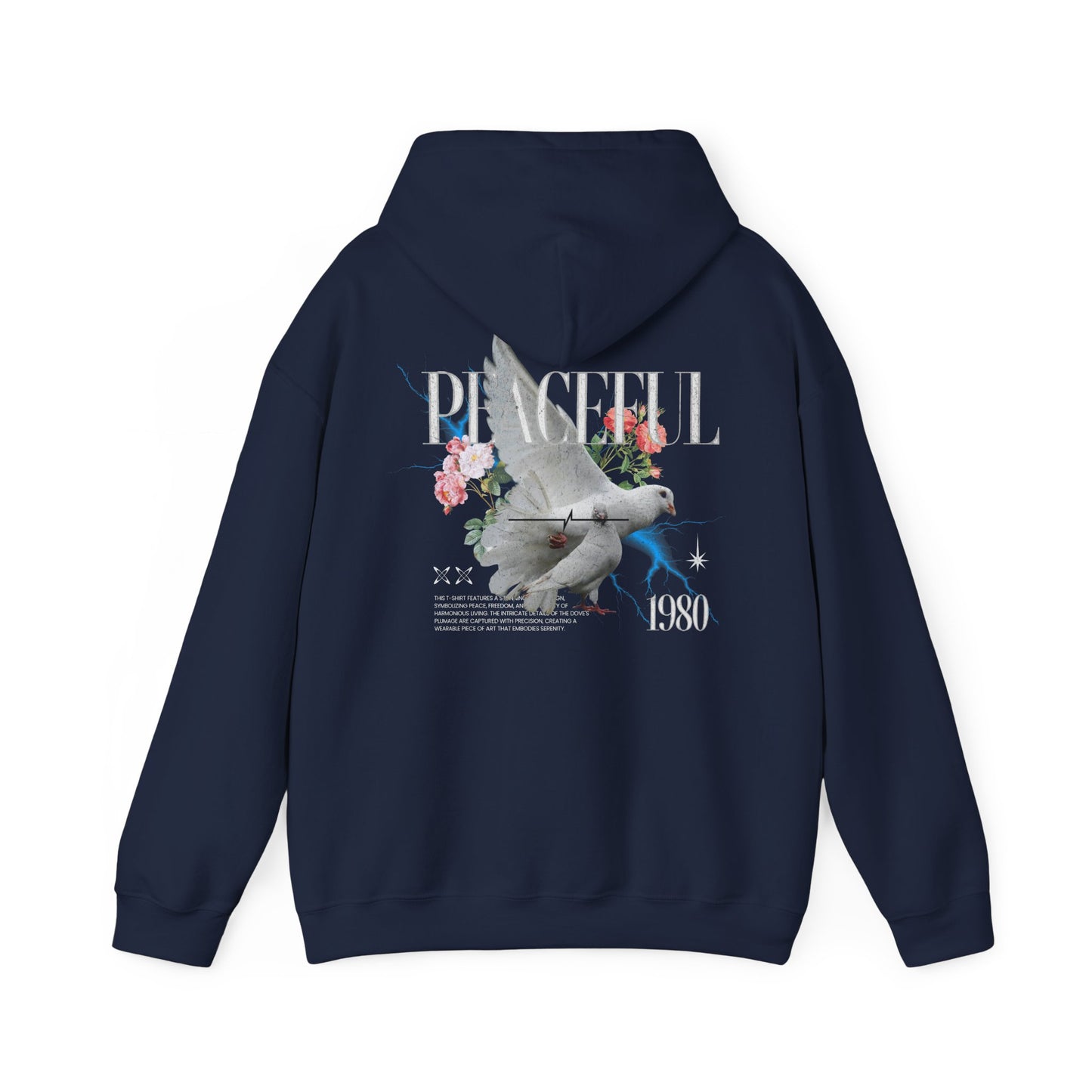 Chic navy hoodie with an artistic depiction of a dove and floral graphics, emphasising the word 'PEACEFUL' and the year '1980', designed for a luxurious appeal.