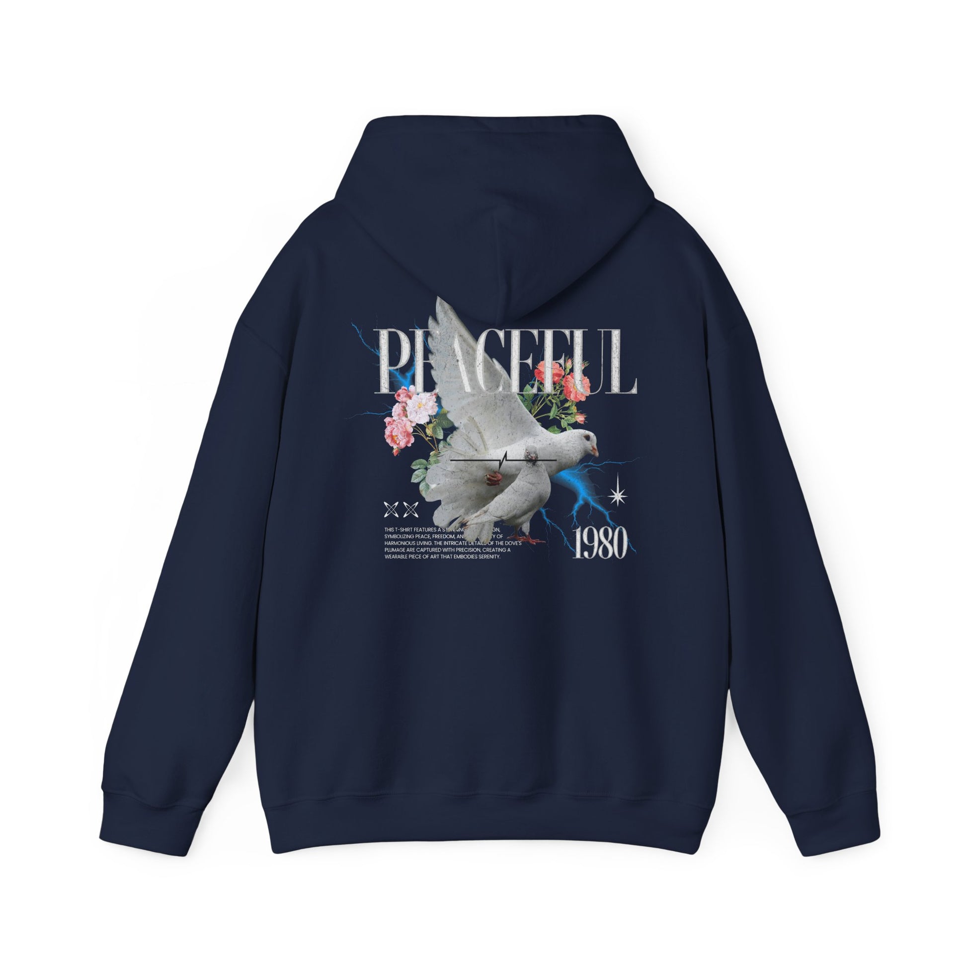 Chic navy hoodie with an artistic depiction of a dove and floral graphics, emphasising the word 'PEACEFUL' and the year '1980', designed for a luxurious appeal.