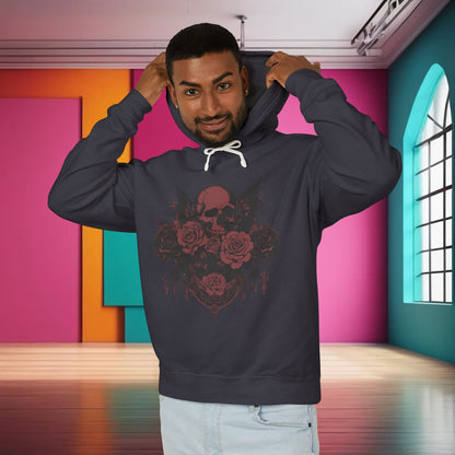 Unisex Lightweight Hooded Sweatshirt featuring a unique designer skull and roses graphic, model showcasing the stylish hoodie in a vibrant interior setting.