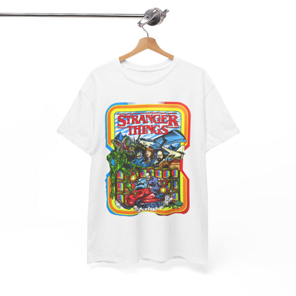 Elegant display of a unisex 'Stranger Things' graphic t-shirt on a wooden hanger, featuring iconic artwork inspired by the beloved TV show, perfect for fashion-forward fans.