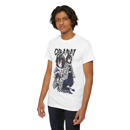 Premium white T-shirt featuring a dynamic graphic of Obanai Iguro from the acclaimed anime series. Ideal for anime enthusiasts seeking stylish streetwear.
