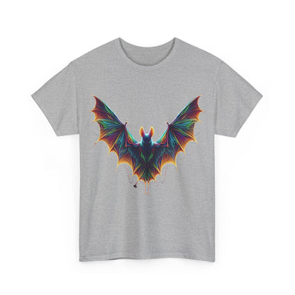 Front view of the Radiant Evolution Bat Tee featuring an intricate, colourful bat design, exuding vibrant hues and artistic flair, ideal for those who appreciate luxury fashion.