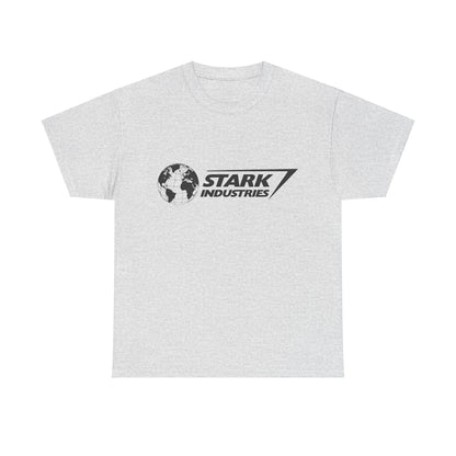 Sophisticated Iron Man Stark Industries Logo Graphic Unisex Tee Shirt in grey, showcasing a stylish globe and 'STARK INDUSTRIES' text, designed for those with a taste for luxury and innovation.