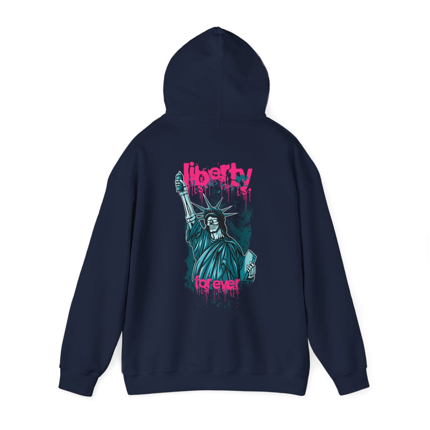 Navy blue hoodie displaying a vibrant graffiti art design featuring the Statue of Liberty, ideal for a bold and artistic fashion statement.
