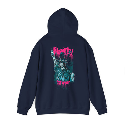 Navy blue hoodie displaying a vibrant graffiti art design featuring the Statue of Liberty, ideal for a bold and artistic fashion statement.