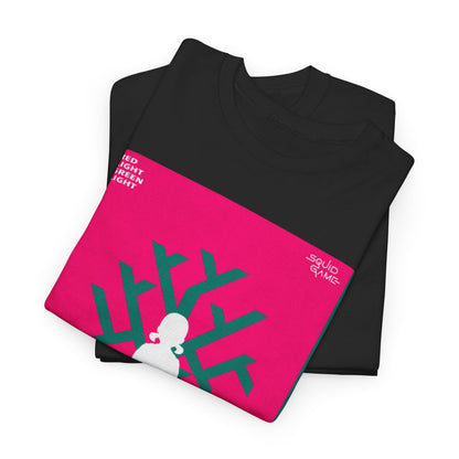 Luxurious Squid Game graphic t-shirt folded, featuring vibrant pink design and iconic motifs. Perfect for bold fashion statements.