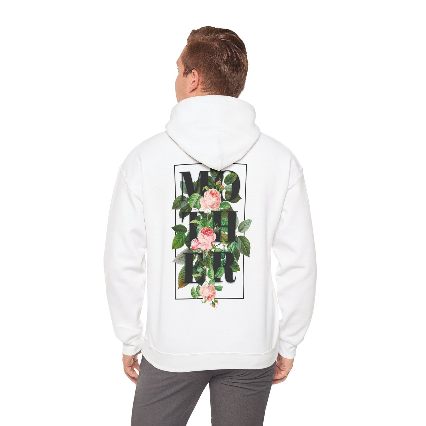 Elegant white hoodie with a striking floral 'MOTHER' graphic print on the back, embodying a sophisticated blend of bold typography and botanical art.