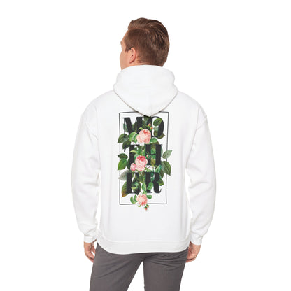 Elegant white hoodie with a striking floral 'MOTHER' graphic print on the back, embodying a sophisticated blend of bold typography and botanical art.