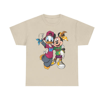 Daisy Duck & Minnie Mouse Unisex Graphic Tee Shirt featuring Daisy in a bold purple t-shirt with 'RAP' and Minnie in a vibrant green t-shirt with 'ROCK', both styled in hip-hop and rock-and-roll aesthetics.