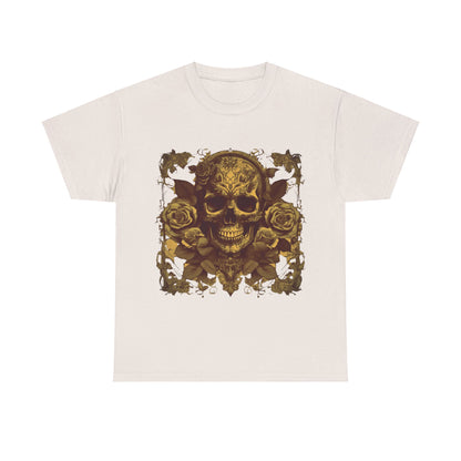 Skulls and Roses Cotton Tee - A luxurious unisex graphic shirt in cream, featuring a stunning skull and roses print, ideal for making a bold fashion statement.